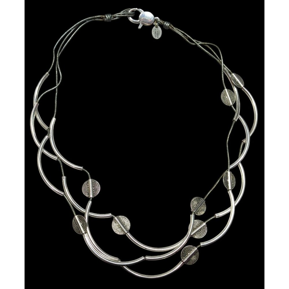 Lizzy James Abstract Disc And Curved Bar Silver Tone Metal And Leather Necklace